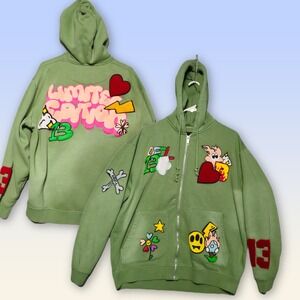 boohooMAN Zip Up Hoodie Mens Large Green Multi Patch Graffiti Limited Edition